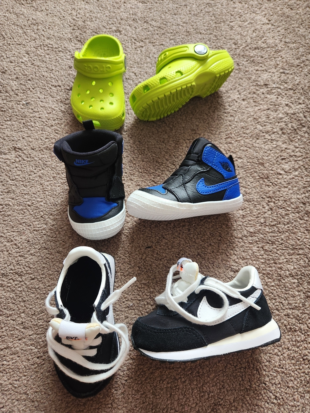 Stylish Toddler Shoes, Nike Waffle, Nike Jordan 1 Royal Blue, Green Crocs